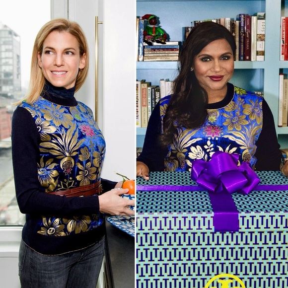 Tory Burch Hollis Cosmic Floral Velvet Foiled Gold Metallic Sweater Navy Blue S - Picture 1 of 12